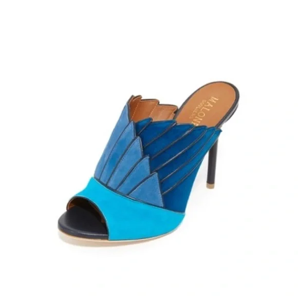 Malone Souliers Donna Fanned Blue Suede Colorblock Mules Heels Shoes Sandals - Picture 15 of 15